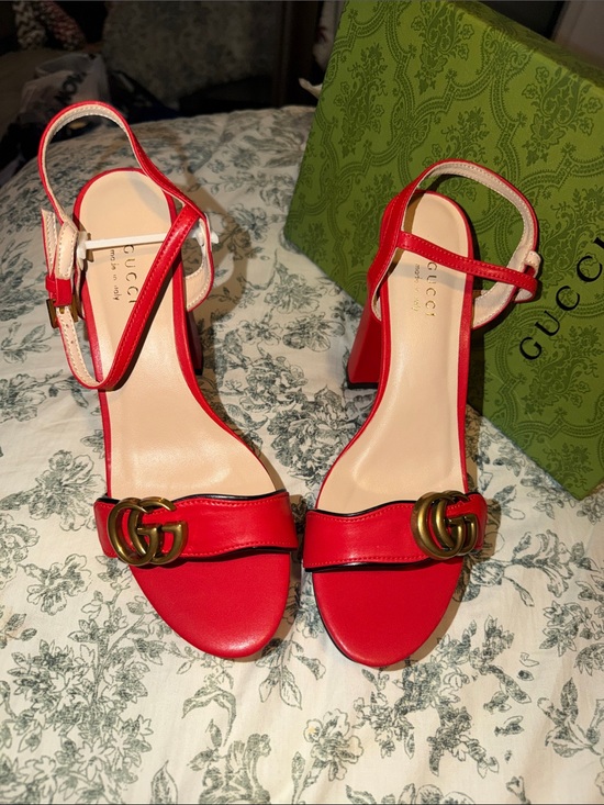 Gucci Shoes - Gucci Red Leather Block-Heel Sandals with Gold Double G
